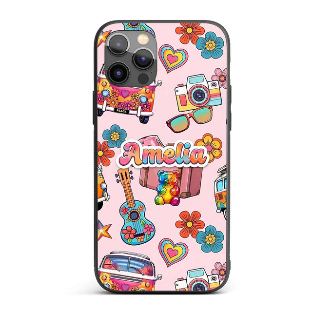Hippie Van Camera Guitar Floral Travel Light Pink Custom Name Protective Phone Case Mobile Cover Durable Everyday Smartphone Shock Resistant