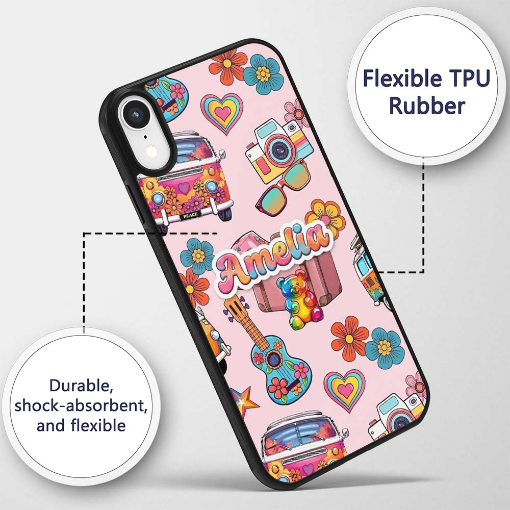 Hippie Van Camera Guitar Floral Travel Light Pink Custom Name Protective Phone Case Mobile Cover Durable Everyday Smartphone Shock Resistant