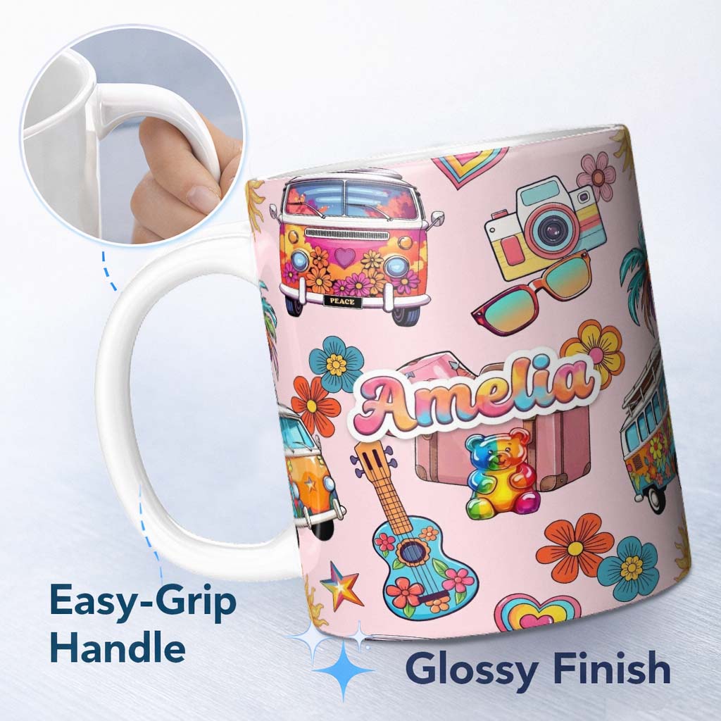 Personalized Custom Name Hippie Van Camera Guitar Floral Travel Light Pink Background 11oz Ceramic Coffee Tea Mug White Large Handle