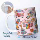 Personalized Custom Name Hippie Van Camera Guitar Floral Travel Light Pink Background 11oz Ceramic Coffee Tea Mug White Large Handle
