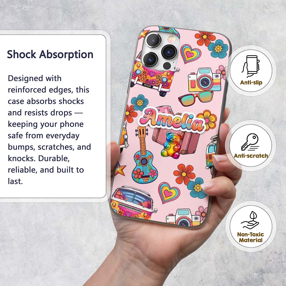 Hippie Van Camera Guitar Floral Travel Light Pink Custom Name Protective Phone Case Mobile Cover Durable Everyday Smartphone Shock Resistant