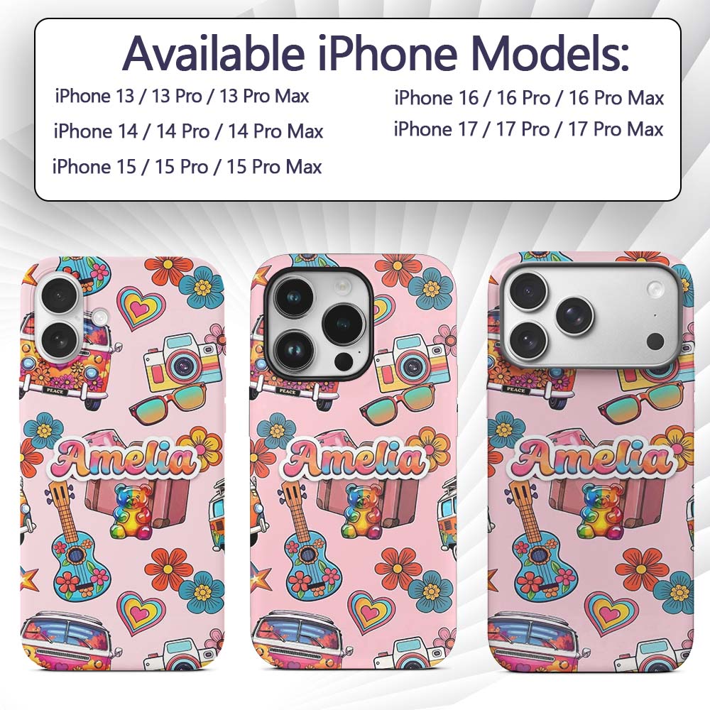Hippie Van Camera Guitar Floral Travel Light Pink Custom Name Protective Phone Case Mobile Cover Durable Everyday Smartphone Shock Resistant
