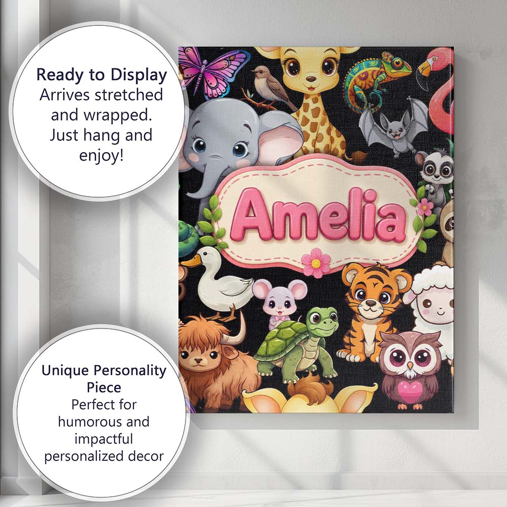 Personalised Name Cute Cartoon Jungle Custom Modern Room Accent Creative Decorator Style Canvas Wall Art Print Decor Picture Ready to Hang