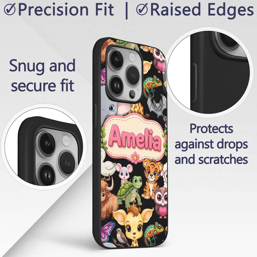 Cute Cartoon Jungle Safari Animals Printed Design Custom Name Protective Phone Case Mobile Cover Durable Everyday Smartphone Shock Resistant