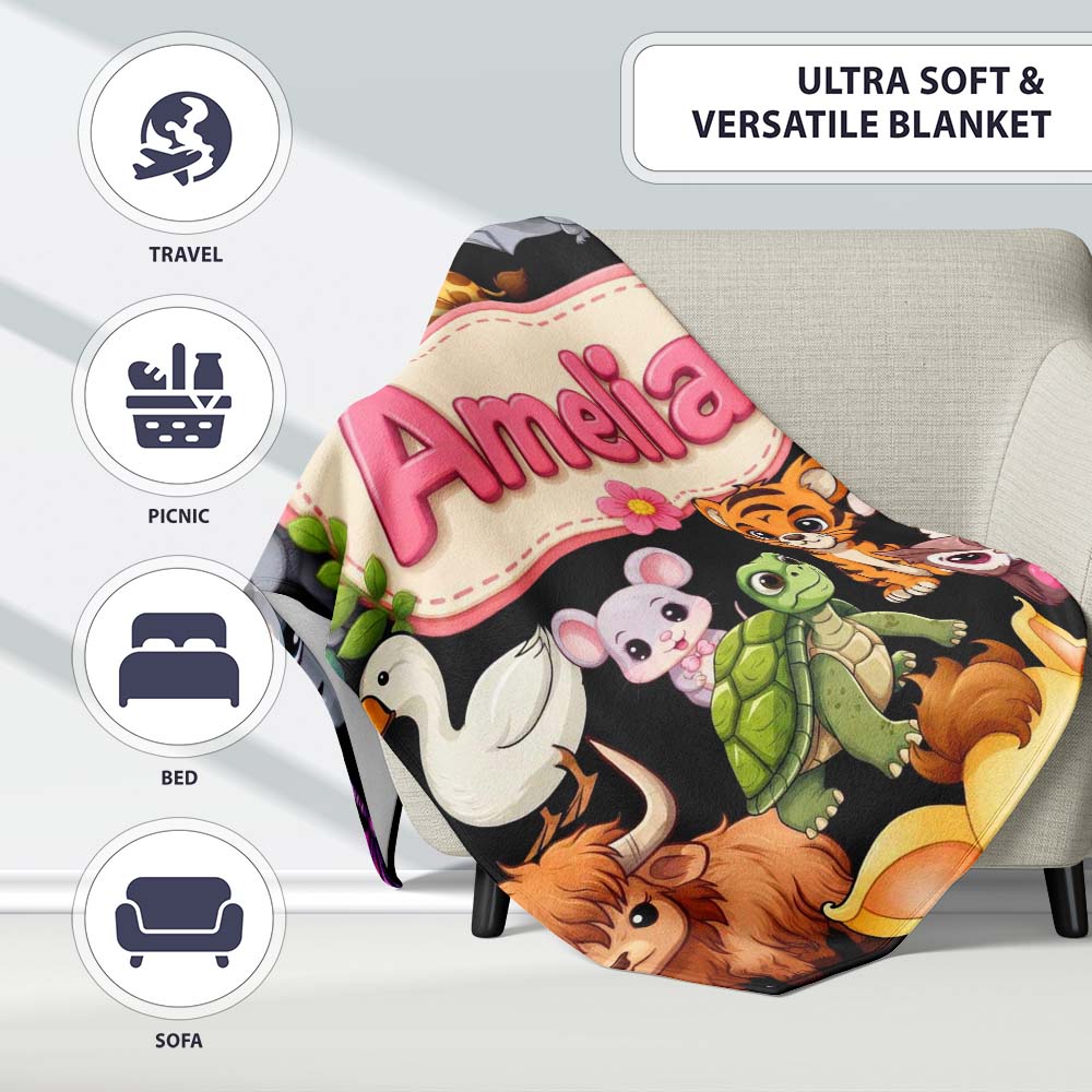 Cute Cartoon Jungle Safari Animals Seamless Pattern on Black Lovely  Personalised Custom Name Super Soft Fleece Blanket Bed Sofa Throw