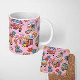 Personalized Custom Name Hippie Van Camera Guitar Floral Travel Soft Pink Background 11oz Ceramic Coffee Tea Mug White Large Handle