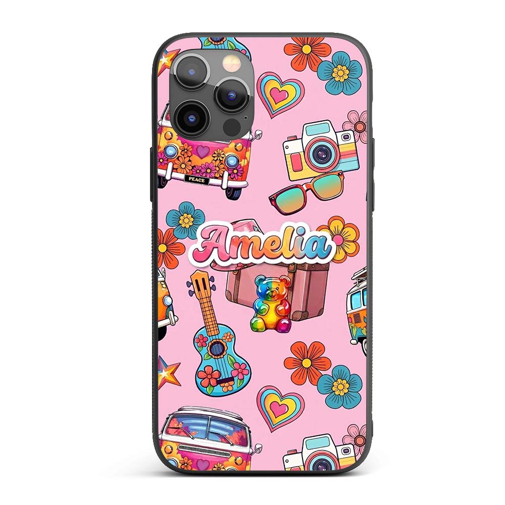 Hippie Van Camera Guitar Floral Travel Soft Pink Custom Name Protective Phone Case Mobile Cover Durable Everyday Smartphone Shock Resistant