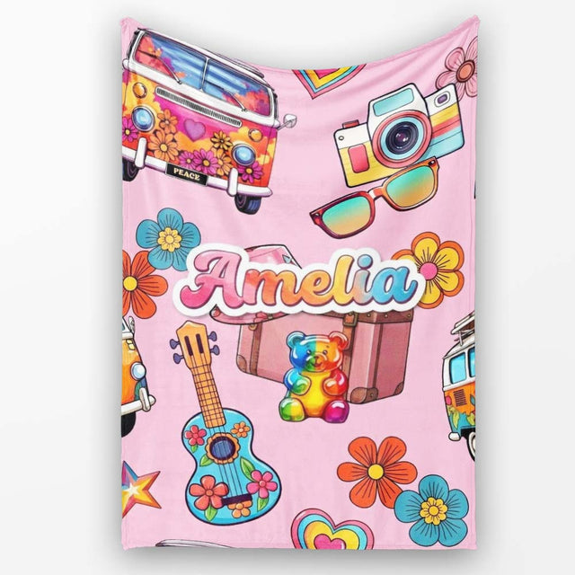 Hippie Van Camera Guitar Floral Travel Soft Pink Background  Personalised Custom Name Super Soft Fleece Blanket Bed Sofa Throw