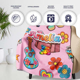 Hippie Van Camera Guitar Floral Travel Soft Pink Background  Personalised Custom Name Super Soft Fleece Blanket Bed Sofa Throw