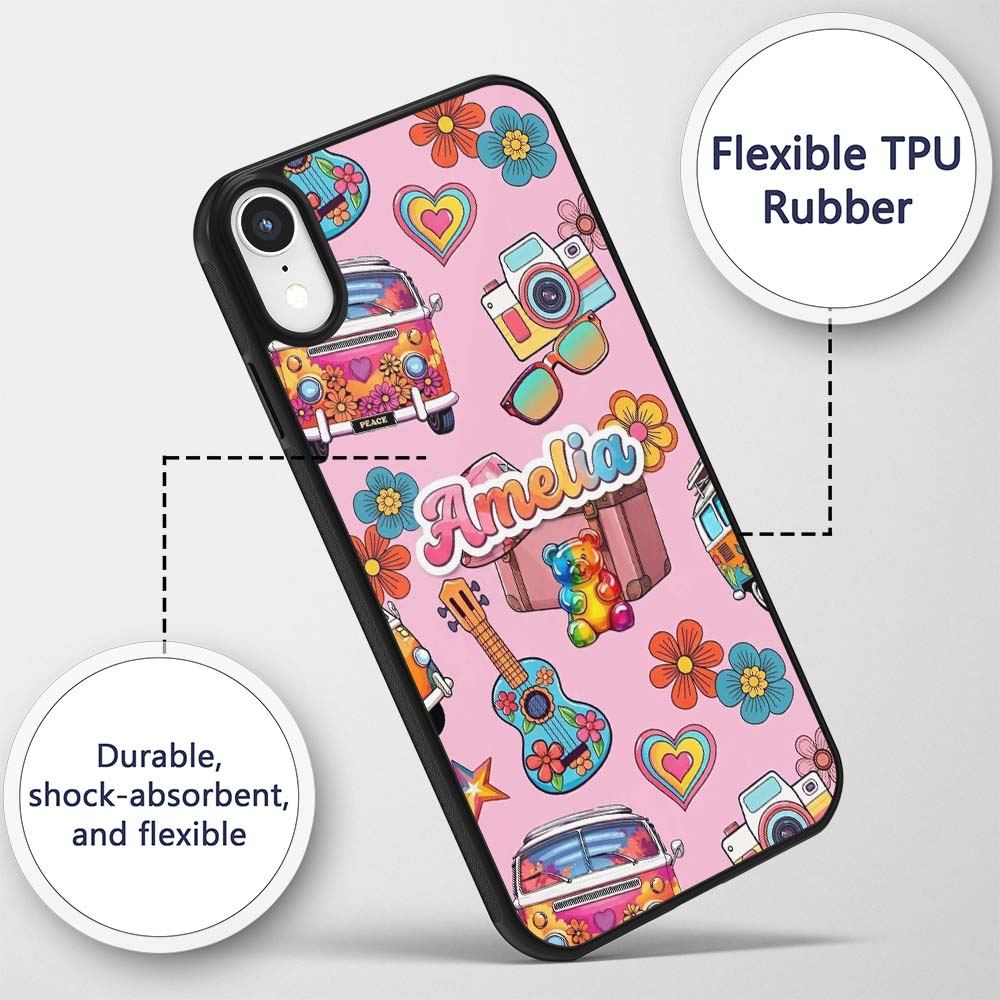 Hippie Van Camera Guitar Floral Travel Soft Pink Custom Name Protective Phone Case Mobile Cover Durable Everyday Smartphone Shock Resistant