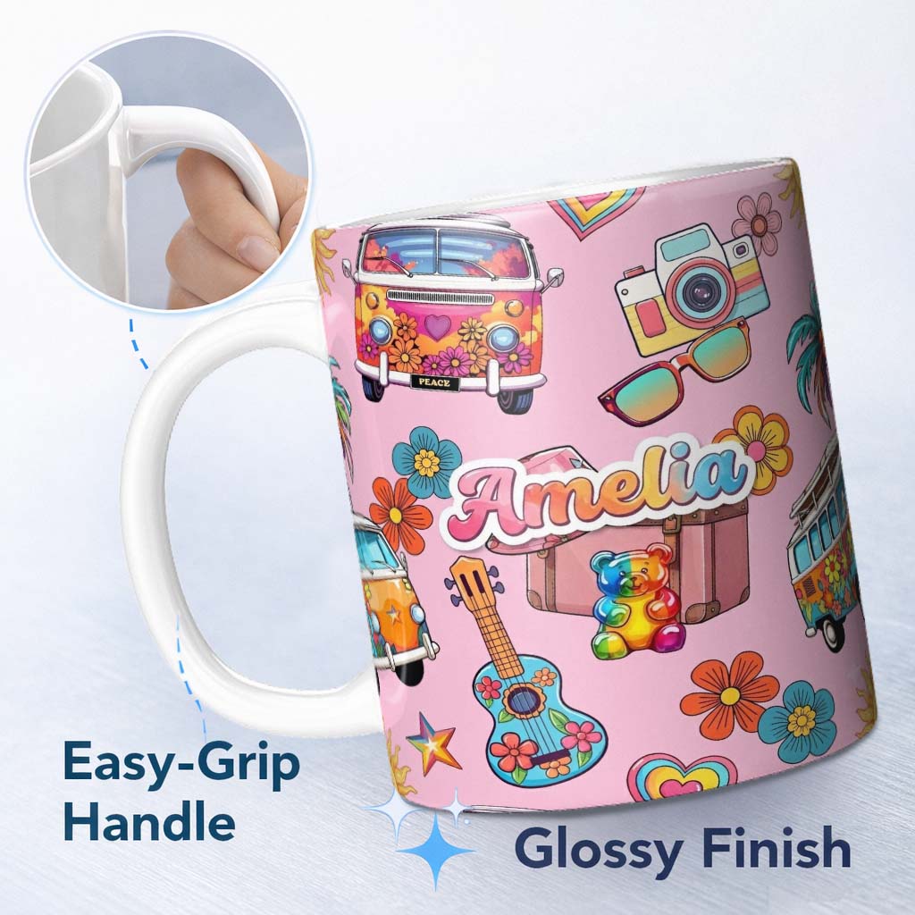 Personalized Custom Name Hippie Van Camera Guitar Floral Travel Soft Pink Background 11oz Ceramic Coffee Tea Mug White Large Handle