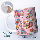 Personalized Custom Name Hippie Van Camera Guitar Floral Travel Soft Pink Background 11oz Ceramic Coffee Tea Mug White Large Handle