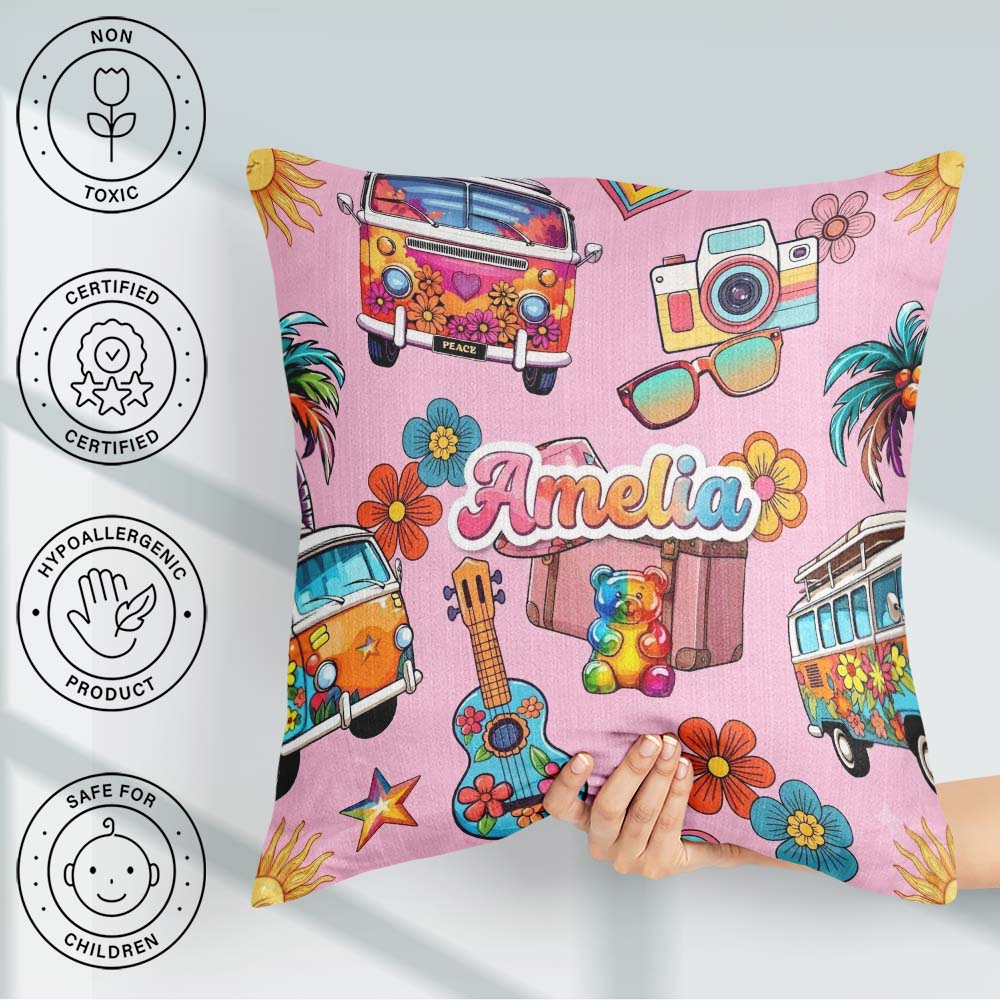 Custom Name Hippie Van Camera Guitar Floral Soft Pink Background Square Filled Cushion Throw Pillow Sofa Bed Home Decor Zip Washable UK Made