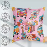 Custom Name Hippie Van Camera Guitar Floral Soft Pink Background Square Filled Cushion Throw Pillow Sofa Bed Home Decor Zip Washable UK Made