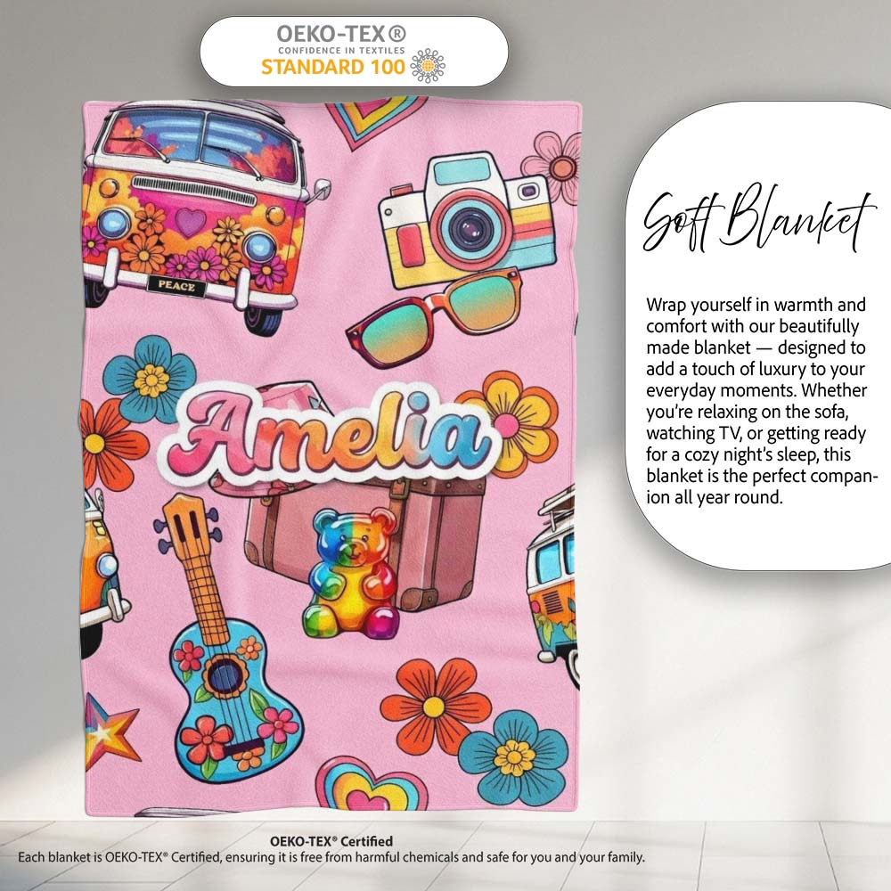 Hippie Van Camera Guitar Floral Travel Soft Pink Background  Personalised Custom Name Super Soft Fleece Blanket Bed Sofa Throw