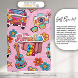 Hippie Van Camera Guitar Floral Travel Soft Pink Background  Personalised Custom Name Super Soft Fleece Blanket Bed Sofa Throw