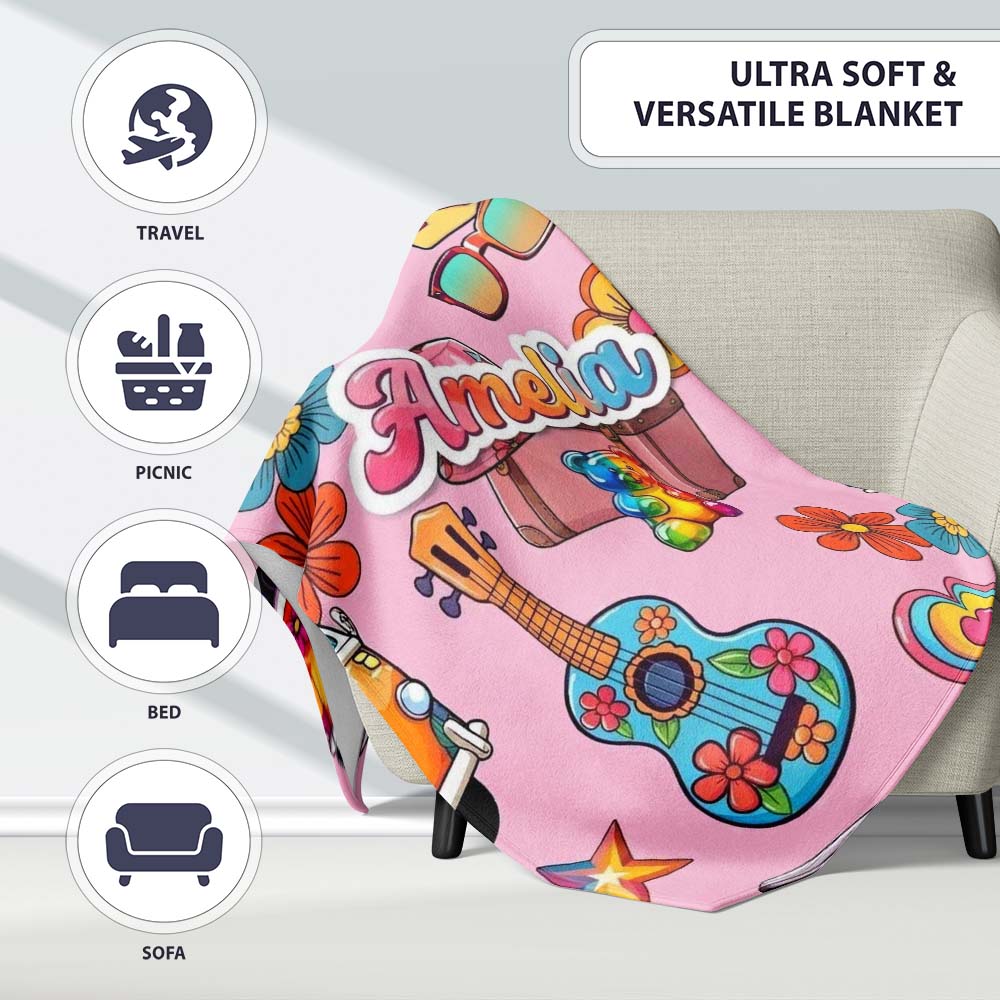 Hippie Van Camera Guitar Floral Travel Soft Pink Background  Personalised Custom Name Super Soft Fleece Blanket Bed Sofa Throw