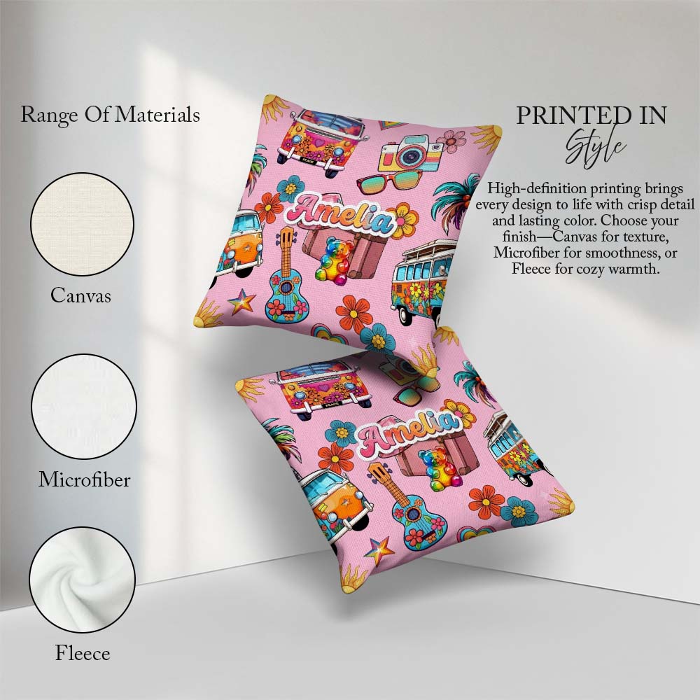 Custom Name Hippie Van Camera Guitar Floral Soft Pink Background Square Filled Cushion Throw Pillow Sofa Bed Home Decor Zip Washable UK Made