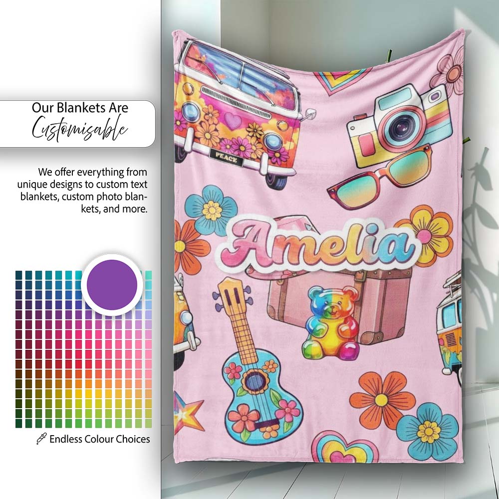 Hippie Van Camera Guitar Floral Travel Soft Pink Background  Personalised Custom Name Super Soft Fleece Blanket Bed Sofa Throw