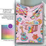 Hippie Van Camera Guitar Floral Travel Soft Pink Background  Personalised Custom Name Super Soft Fleece Blanket Bed Sofa Throw