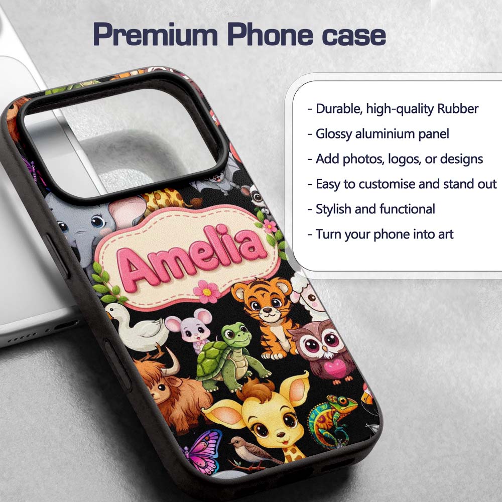 Cute Cartoon Jungle Safari Animals Printed Design Custom Name Protective Phone Case Mobile Cover Durable Everyday Smartphone Shock Resistant
