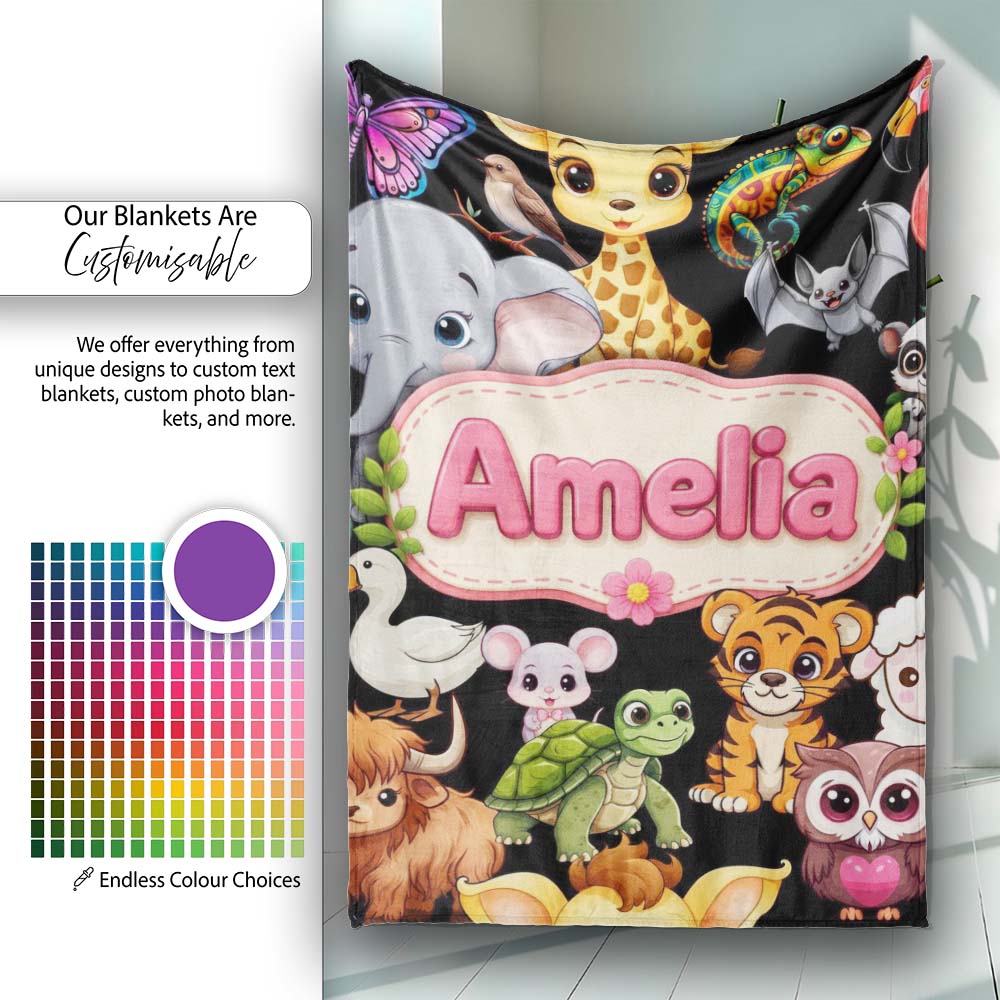 Cute Cartoon Jungle Safari Animals Seamless Pattern on Black Lovely  Personalised Custom Name Super Soft Fleece Blanket Bed Sofa Throw