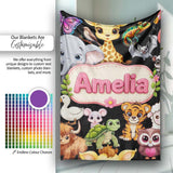 Cute Cartoon Jungle Safari Animals Seamless Pattern on Black Lovely  Personalised Custom Name Super Soft Fleece Blanket Bed Sofa Throw