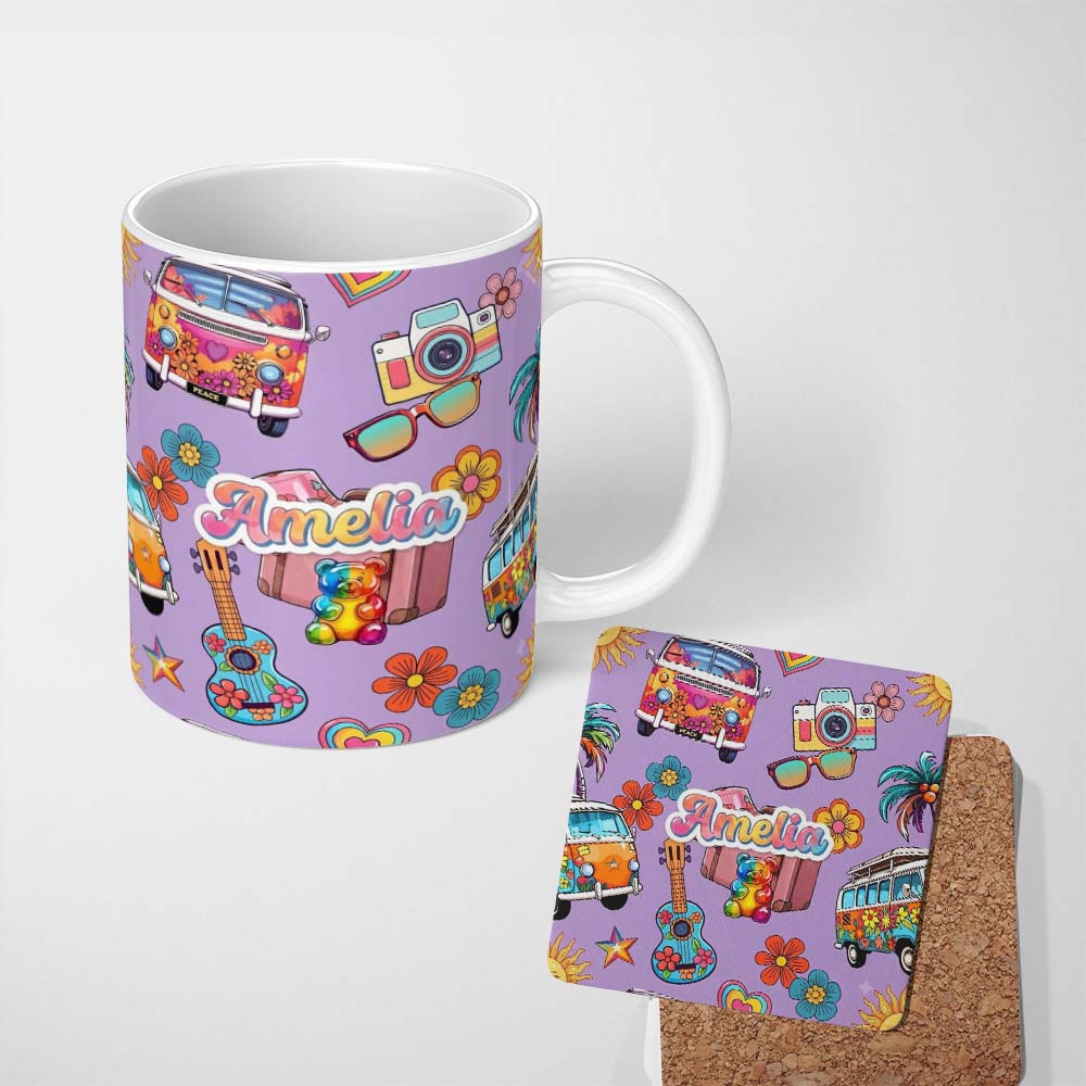 Personalized Custom Name Hippie Van Camera Guitar Floral Travel Lavender Background Seamless 11oz Ceramic Coffee Tea Mug White Large Handle