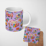 Personalized Custom Name Hippie Van Camera Guitar Floral Travel Lavender Background Seamless 11oz Ceramic Coffee Tea Mug White Large Handle
