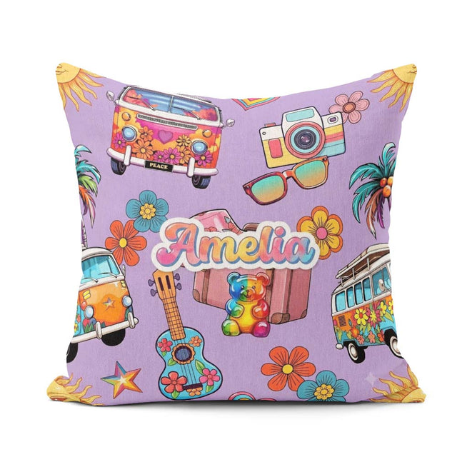 Custom Name Hippie Camera Guitar Floral Travel Lavender Seamless Square Filled Cushion Throw Pillow Sofa Bed Home Decor Zip Washable UK Made