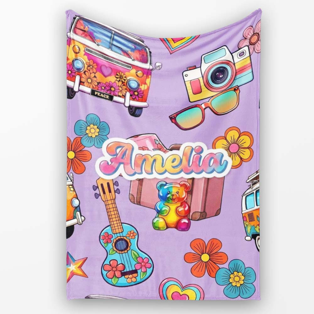 Hippie Van Camera Guitar Floral Travel Lavender Background Seamless  Personalised Custom Name Super Soft Fleece Blanket Bed Sofa Throw