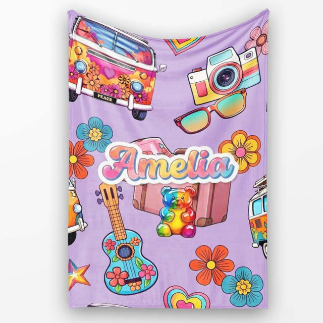 Hippie Van Camera Guitar Floral Travel Lavender Background Seamless  Personalised Custom Name Super Soft Fleece Blanket Bed Sofa Throw