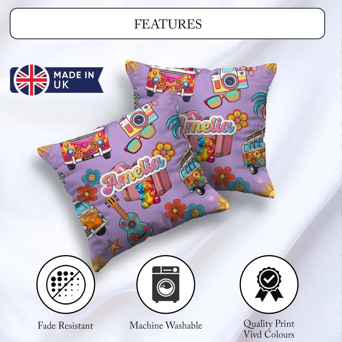 Custom Name Hippie Camera Guitar Floral Travel Lavender Seamless Square Filled Cushion Throw Pillow Sofa Bed Home Decor Zip Washable UK Made