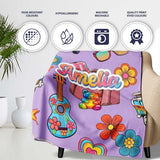 Hippie Van Camera Guitar Floral Travel Lavender Background Seamless  Personalised Custom Name Super Soft Fleece Blanket Bed Sofa Throw