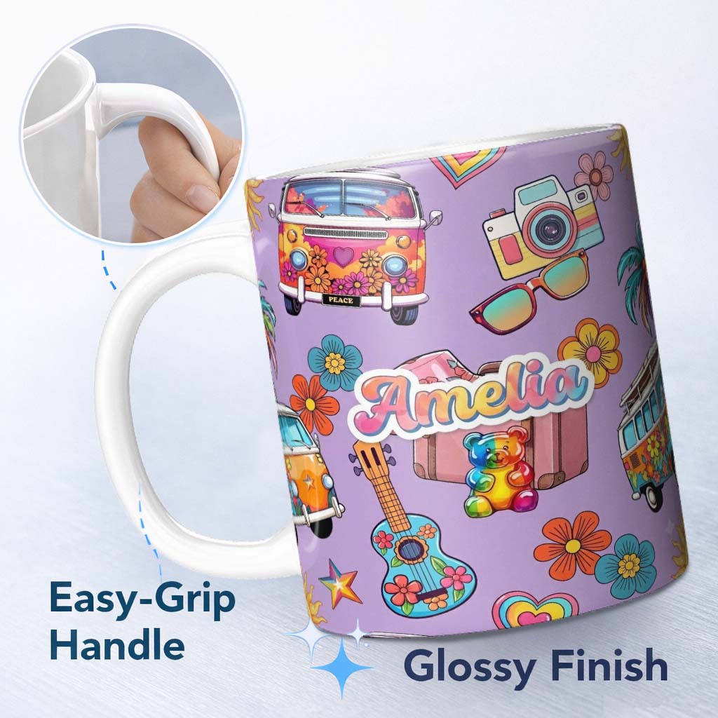 Personalized Custom Name Hippie Van Camera Guitar Floral Travel Lavender Background Seamless 11oz Ceramic Coffee Tea Mug White Large Handle
