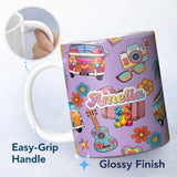 Personalized Custom Name Hippie Van Camera Guitar Floral Travel Lavender Background Seamless 11oz Ceramic Coffee Tea Mug White Large Handle