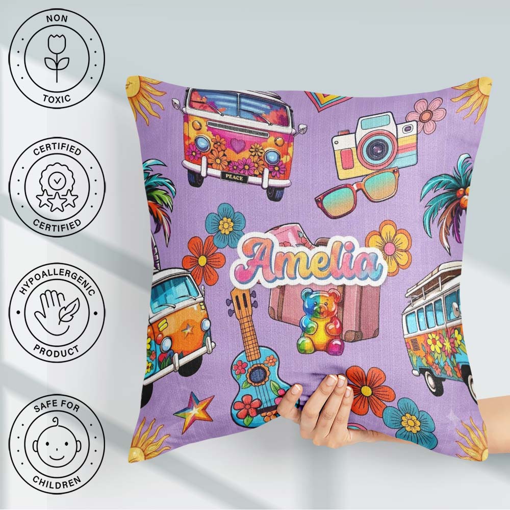 Custom Name Hippie Camera Guitar Floral Travel Lavender Seamless Square Filled Cushion Throw Pillow Sofa Bed Home Decor Zip Washable UK Made