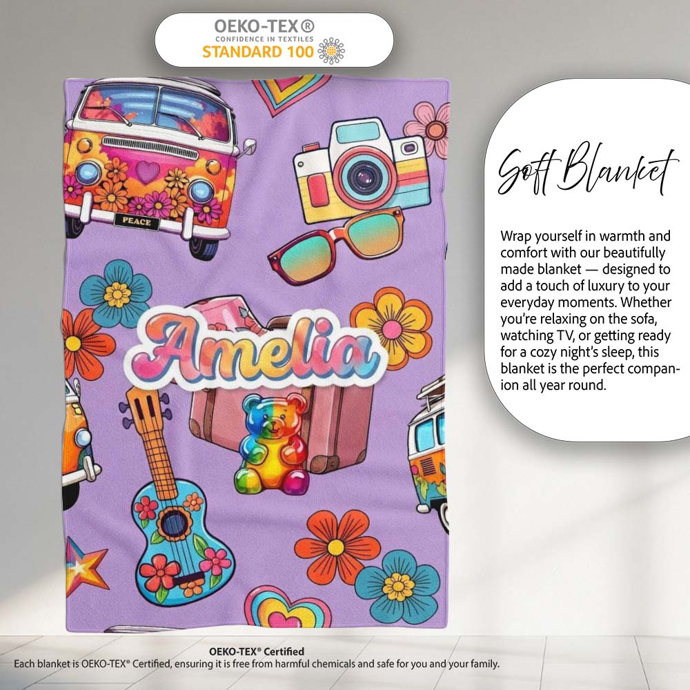 Hippie Van Camera Guitar Floral Travel Lavender Background Seamless  Personalised Custom Name Super Soft Fleece Blanket Bed Sofa Throw