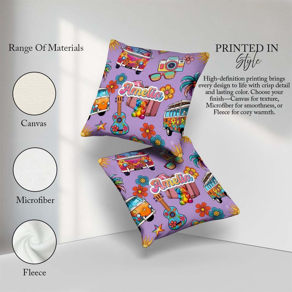 Custom Name Hippie Camera Guitar Floral Travel Lavender Seamless Square Filled Cushion Throw Pillow Sofa Bed Home Decor Zip Washable UK Made