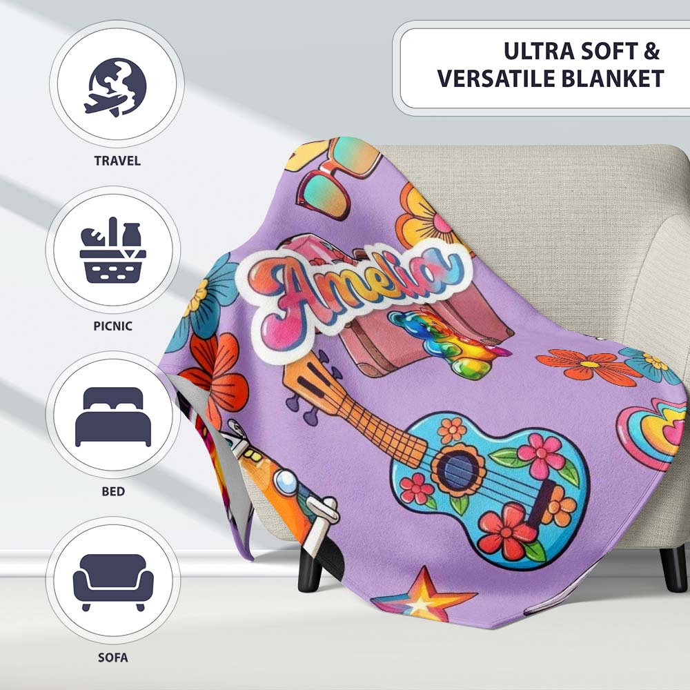 Hippie Van Camera Guitar Floral Travel Lavender Background Seamless  Personalised Custom Name Super Soft Fleece Blanket Bed Sofa Throw