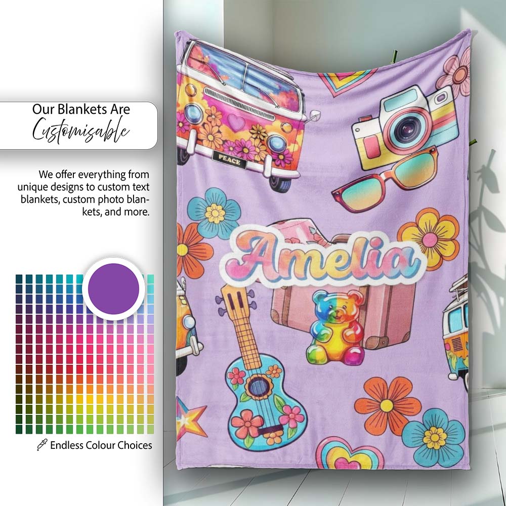 Hippie Van Camera Guitar Floral Travel Lavender Background Seamless  Personalised Custom Name Super Soft Fleece Blanket Bed Sofa Throw