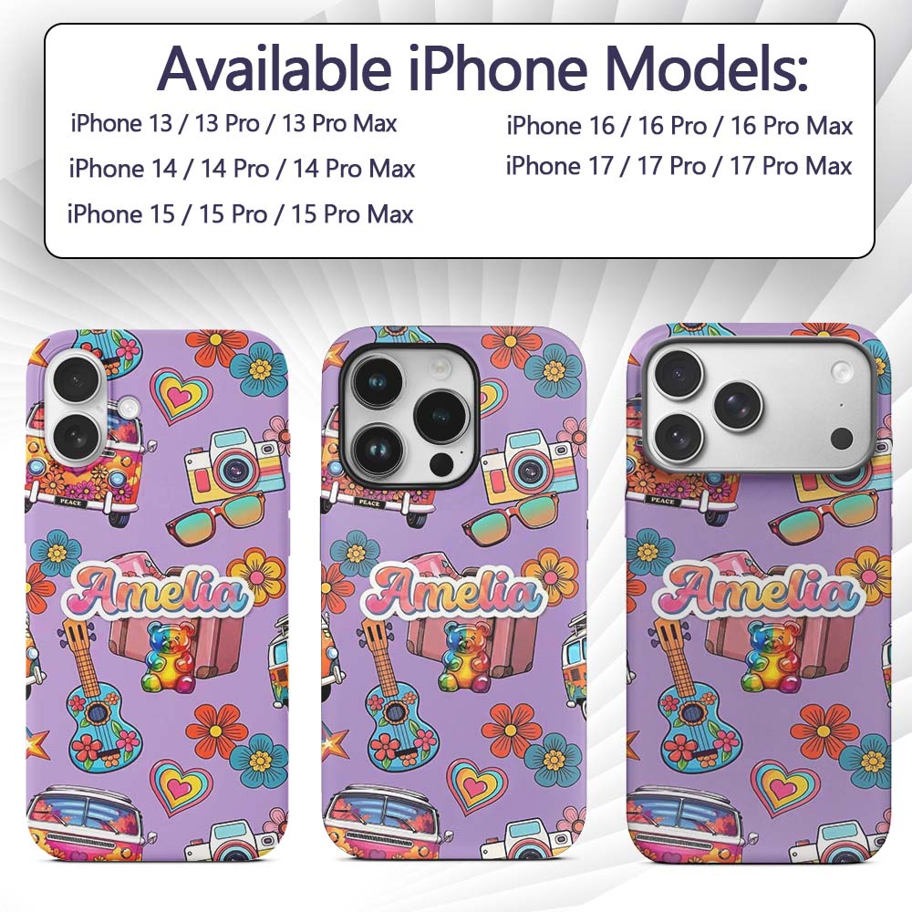 Hippie Van Camera Guitar Floral Travel Lavender Custom Name Protective Phone Case Mobile Cover Durable Everyday Smartphone Shock Resistant