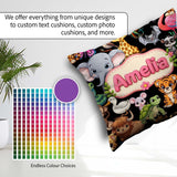Custom Name Cute Cartoon Jungle Safari Animals Seamless on Black Square Filled Cushion Throw Pillow Sofa Bed Home Decor Zip Washable UK Made