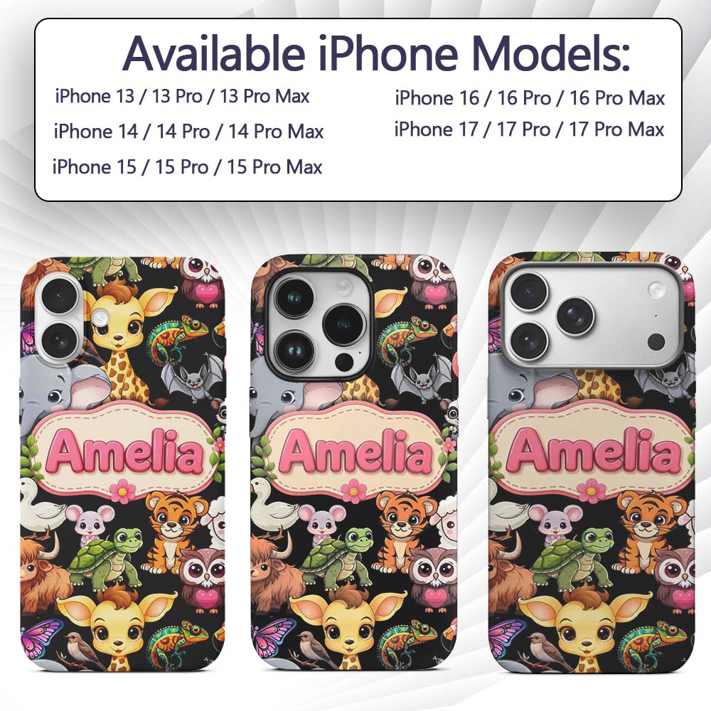 Cute Cartoon Jungle Safari Animals Printed Design Custom Name Protective Phone Case Mobile Cover Durable Everyday Smartphone Shock Resistant