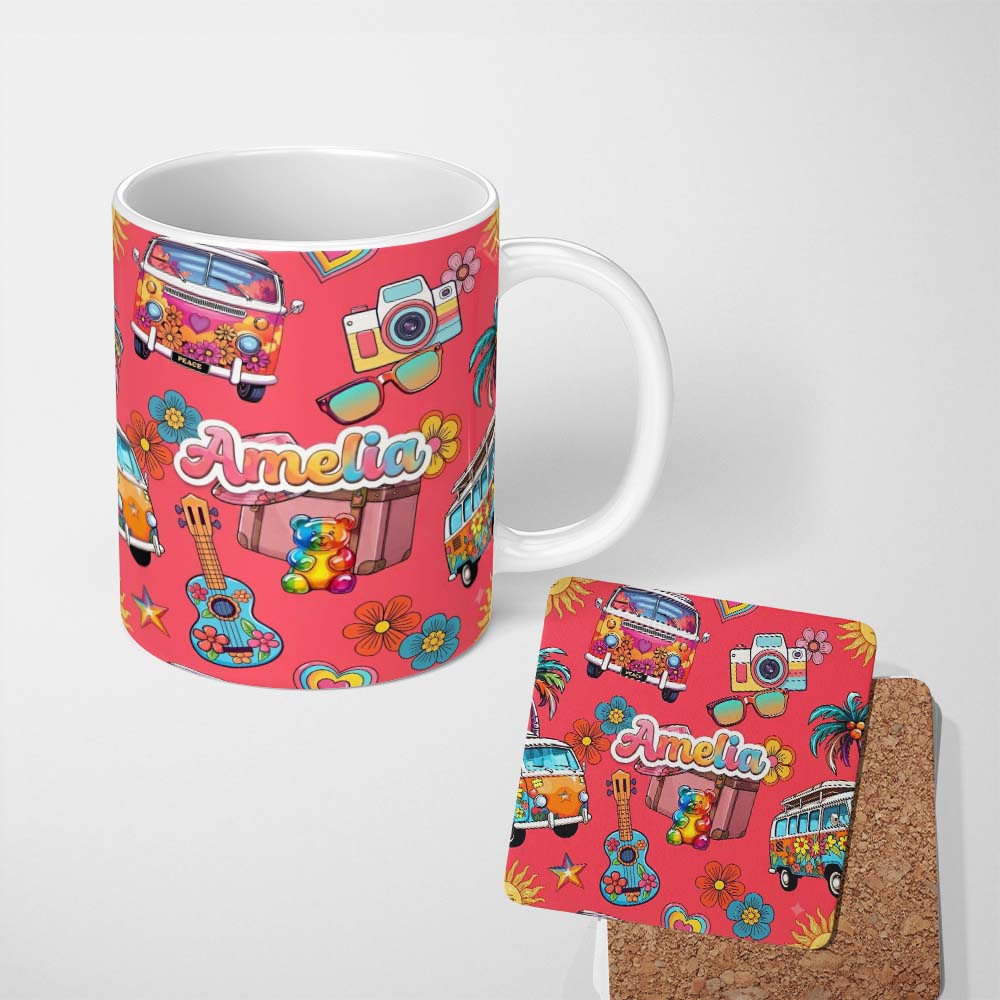 Personalized Custom Name Hippie Van Camera Guitar Floral Travel Red Background Seamless Name 11oz Ceramic Coffee Tea Mug White Large Handle