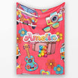 Hippie Van Camera Guitar Floral Travel Red Background Seamless Name  Personalised Custom Name Super Soft Fleece Blanket Bed Sofa Throw