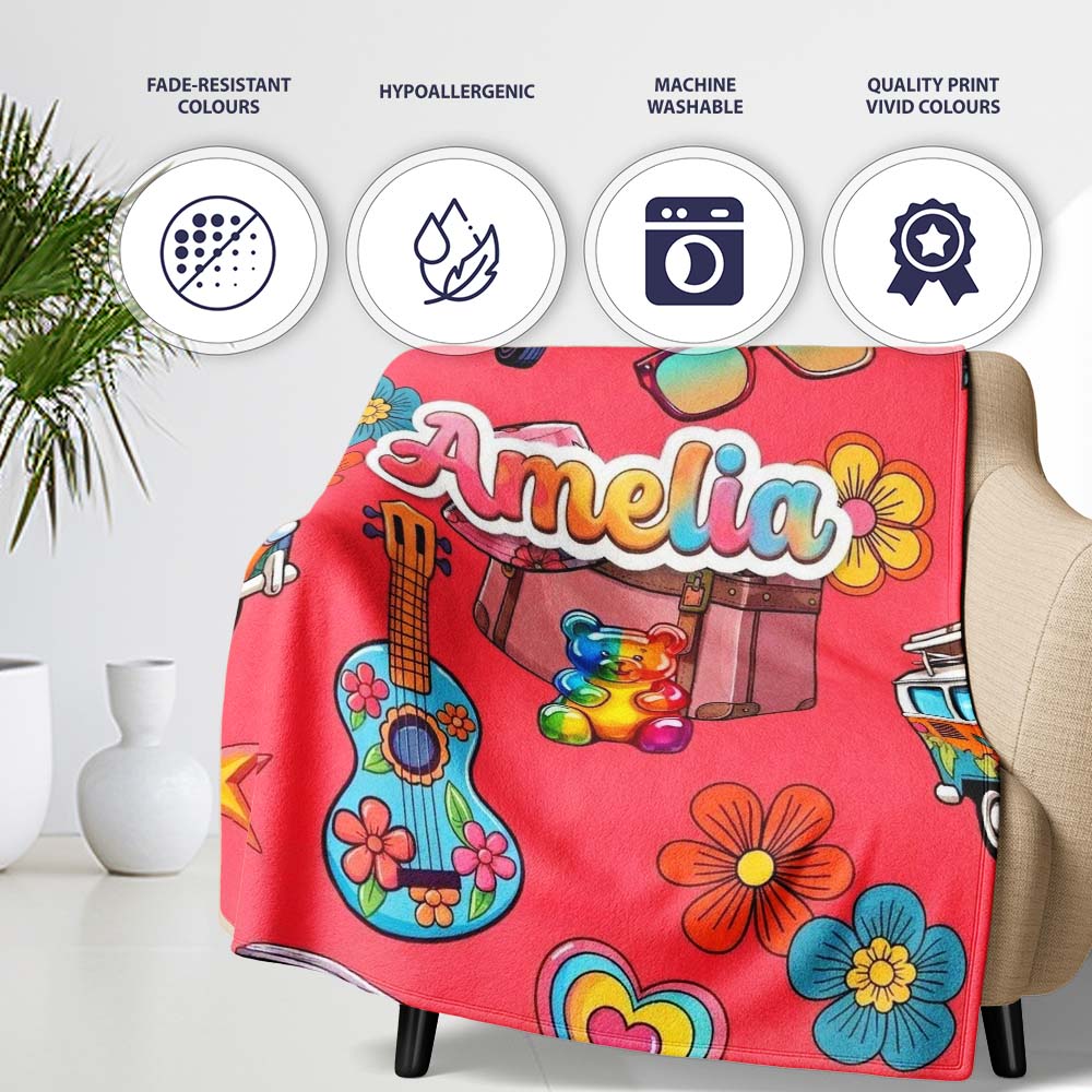 Hippie Van Camera Guitar Floral Travel Red Background Seamless Name  Personalised Custom Name Super Soft Fleece Blanket Bed Sofa Throw