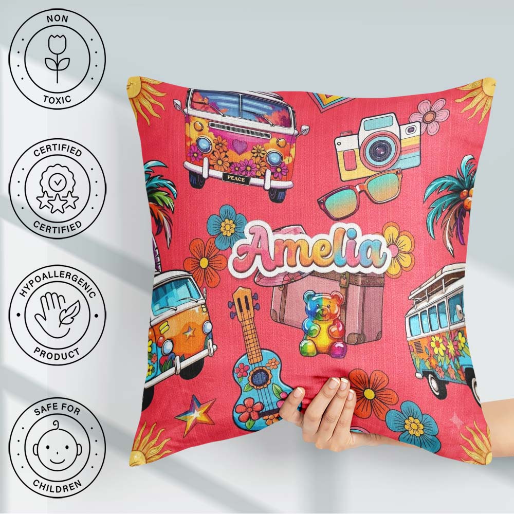 Custom Name Hippie Van Camera Guitar Floral Travel Seamless Name Square Filled Cushion Throw Pillow Sofa Bed Home Decor Zip Washable UK Made