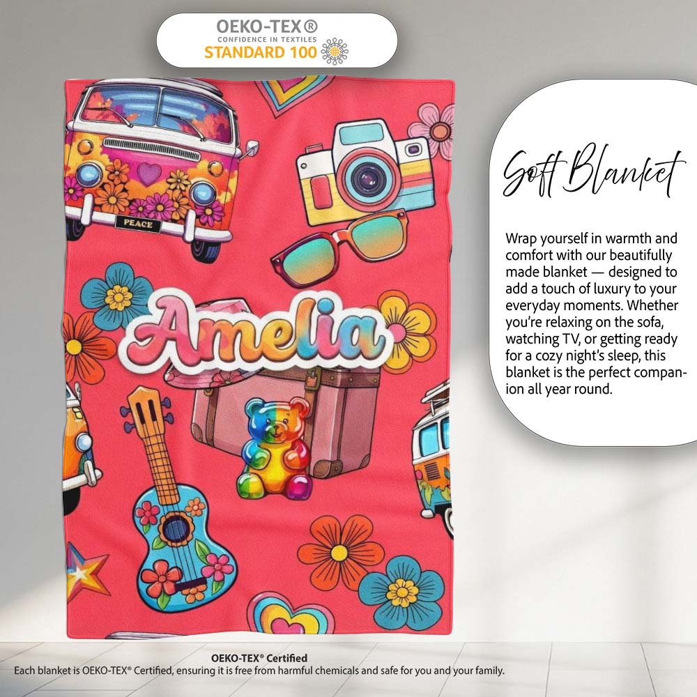 Hippie Van Camera Guitar Floral Travel Red Background Seamless Name  Personalised Custom Name Super Soft Fleece Blanket Bed Sofa Throw