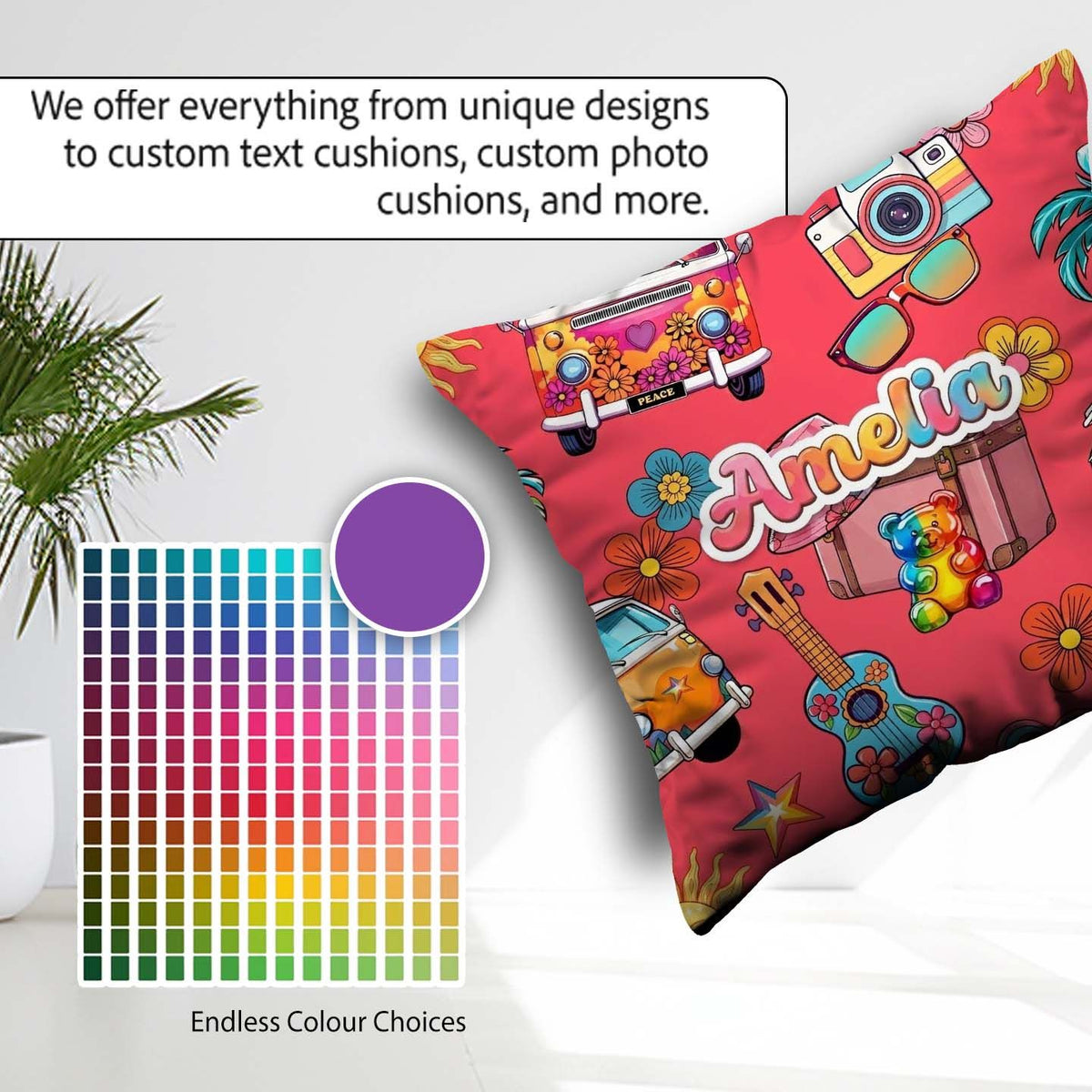 Custom Name Hippie Van Camera Guitar Floral Travel Seamless Name Square Filled Cushion Throw Pillow Sofa Bed Home Decor Zip Washable UK Made